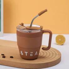 1 pieza Taza de café portátil de 16oz/480ml con asa y pajita, taza de café de doble capa aislada al vacío de acero inoxidable para uso en campamentos al aire libre, hogar y oficina