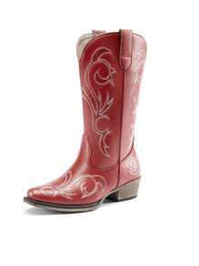Women's Mid Calf Cowgirl Boots Cowboy Boots Pointed Toe Fashion Slip-On Chunky Heel Embroidery Stitched Western Red Boots For Festival Party Shoes - 紅色 - 查看 9