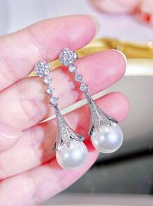 SEQUITO 2 piezas Joyas nobles para la fiesta de bodas de la novia, pendientes de gota con perla y circonia cúbica AAAAA de alta calidad con ajuste engastado en baño de oro blanco
