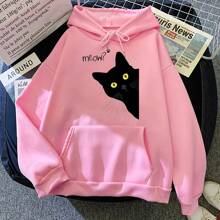 Men's Black Cat Hoodie Fashion Loose Sweatshirts Unisex Thicken Prints High Quality Pullover Street Warm Sportswear - 淺粉色 - 查看 1