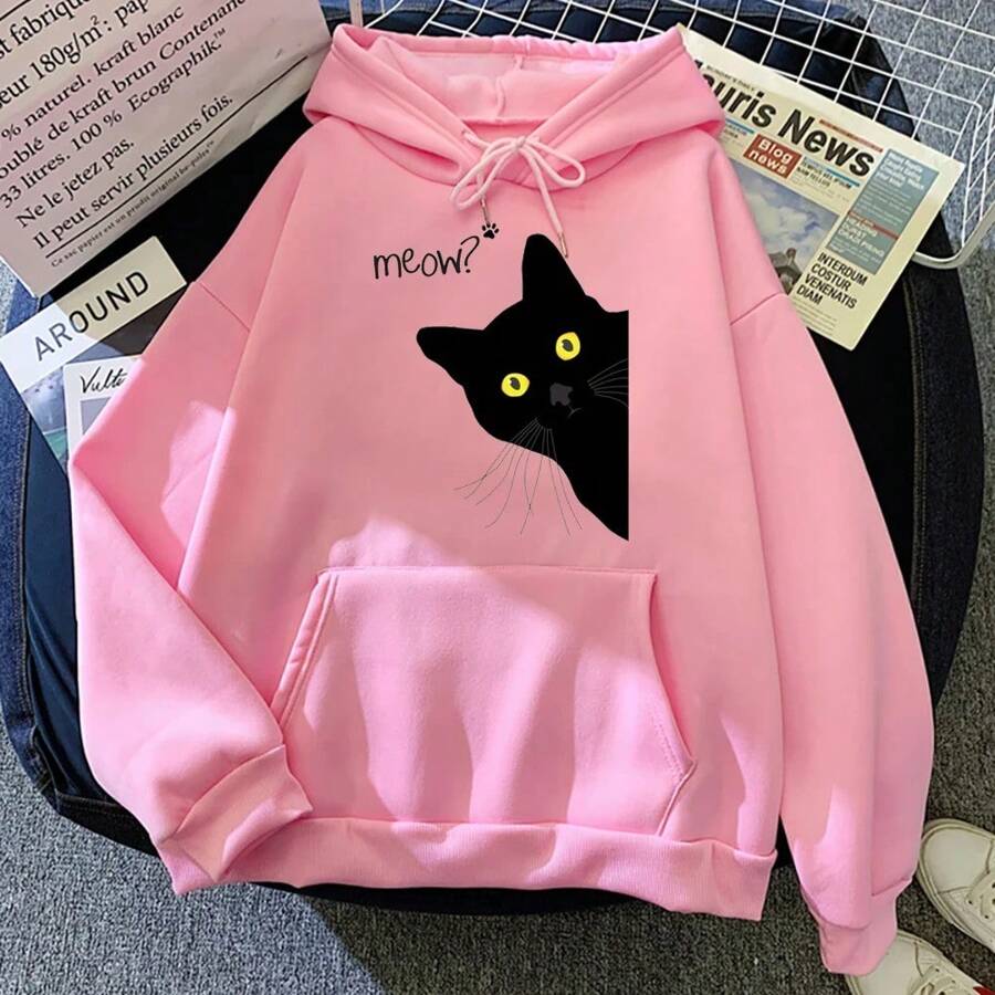 Men's Black Cat Hoodie Fashion Loose Sweatshirts Unisex Thicken Prints High Quality Pullover Street Warm Sportswear - 淺粉色 - 查看 1