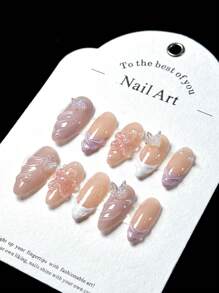 10 片手工杏仁白色法式边缘花瓣仿珍珠 3D 可爱简约优雅假指甲按压指甲美甲用品指甲 - 白色 - 查看 4