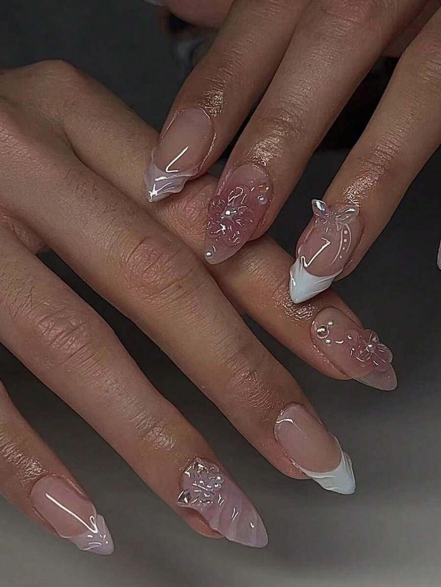 10 片手工杏仁白色法式边缘花瓣仿珍珠 3D 可爱简约优雅假指甲按压指甲美甲用品指甲 - 白色 - 查看 1