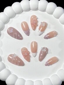 10 片手工杏仁白色法式边缘花瓣仿珍珠 3D 可爱简约优雅假指甲按压指甲美甲用品指甲 - 白色 - 查看 3