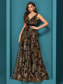 XUIBOL Women's Sequined Embroidery Fitted V-Neck Sleeveless Floor Length Formal Evening Gown, Elegant And Sophisticated For Party, Banquet, Ball (Heavily Decor) Party Dress Wedding Guest Dress Evening Dress - 金色 - 查看 5