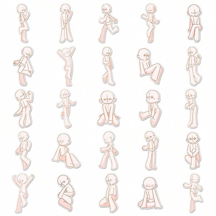 50pcs Chibi Style Sitting Pose Human Figure Drawing Cards, Cartoon Anatomy Practice For DIY Phone Case Stickers - Multicolor - View 4