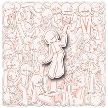 50 piezas Tarjetas de dibujo de figuras humanas en pose sentada estilo chibi, práctica de anatomía de dibujos animados para fundas de teléfono DIY y pegatinas - Multicolor - Ver 1
