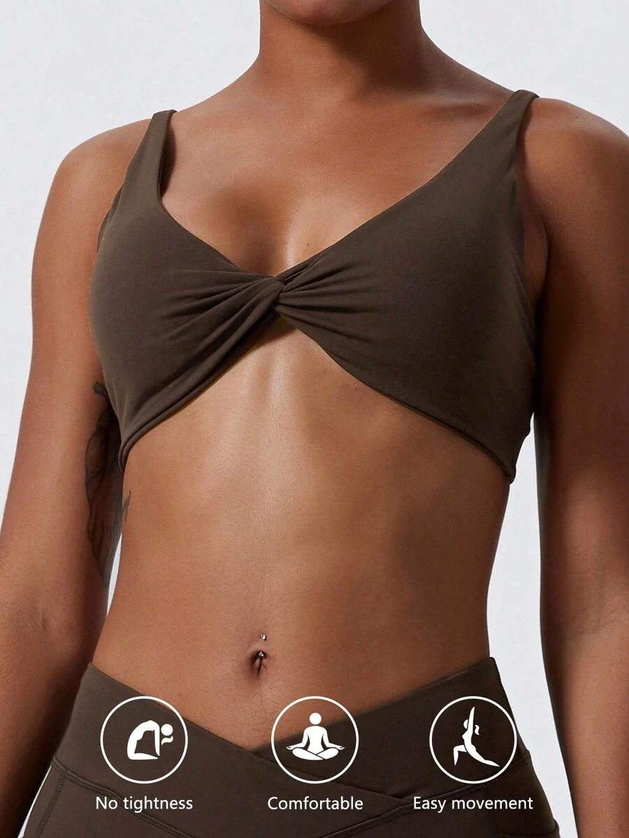 1pc Super Soft Nude Fabric Breathable Sweat Absorbent Yoga Sports Underwear Twisted Chest Design Back Sling Outdoor Workout Leisure Bra Running Fitness Pilates Women - 咖啡棕 - 查看 1