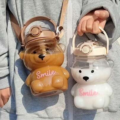 1Pc 1000ml Large Capacity Coffee Water Bottle, Portable Cute Bear Shape Straw Cup, Leak-Proof Travel Water Bottle, Reusable Drinking Cup, Ideal Gift For Girlfriend, Best Friend, Mom, Family & Friends, Perfect For Home, Outdoor Travel, Camping, Picnic, Office, School & Daily Use