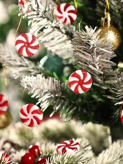 10 bucăți bastoane de bomboane de Crăciun, roți de marshmallow, bomboane de mentă roșii și albe pentru pom de Crăciun, Crăciun
