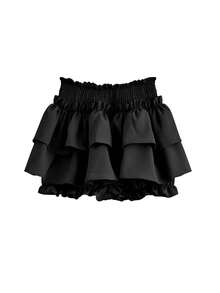 Rikumo Quần short nữ màu trơn, viền bèo nhún, kiểu dáng thường ngày, màu đen, thích hợp cho mùa xuân hè. - màu đen - Xem 8