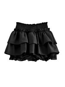 Rikumo Quần short nữ màu trơn, viền bèo nhún, kiểu dáng thường ngày, màu đen, thích hợp cho mùa xuân hè. - màu đen - Xem 7
