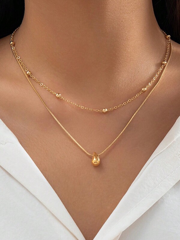 2pcs Elegant Water Drop Pendant Necklace, Stainless Steel Bead Chain Double Layer Necklace, Vintage Style Creative Gift For Women