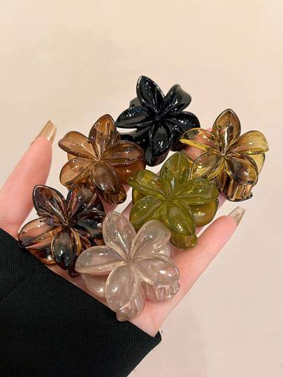 6个女士亮面黑色、绿色、棕色、琥珀色花朵造型4厘米/1.57英寸塑料发夹，优雅美观，简约设计，适合日常、休闲、派对、通勤、度假、化妆等场合，猫耳发夹，发爪夹，发卡，发夹 ...