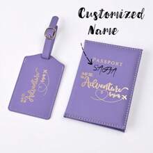 2pcs/Set Customized Name Passport Clip Set Popular PU Marble Passport Protection Set Boarding Pass Set Marking Card Multi Functional Couple Protection Set - Purple - View 1