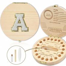 创意首字母木质牙齿收纳盒木质牙盒脐带牙齿收集盒婴幼儿纪念品盒刺绣字母A到Z - 杏色 - 查看 43
