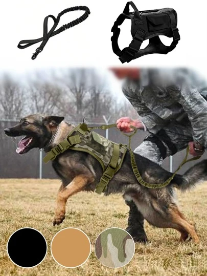1set Camouflage Tactical Pet Harness & Leash Set With Pockets, Adjustable Collar & Chest Girth For Medium/Small Tactical Dogs