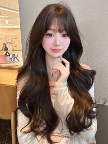 Peruca longa com ondas naturais de 66cm, com franja, preta e marrom, para mulheres, natural