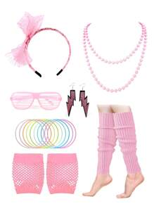 7/10pcs 80s Party Costume Accessories, 1980s Neon Color Dress Party Set, Women Neon Venetian Blinds Sunglasses Necklace Belt Leg Warmers Headband For Party, Dance - Multicolor - View 16