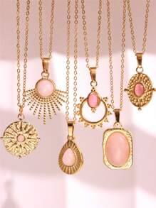 1 pieza Collar colgante de piedra rosa dulce con colgante geométrico y gota de agua - Joyería elegante chapada en oro para mujeres y niñas, nueva - Multicolor - Ver 1