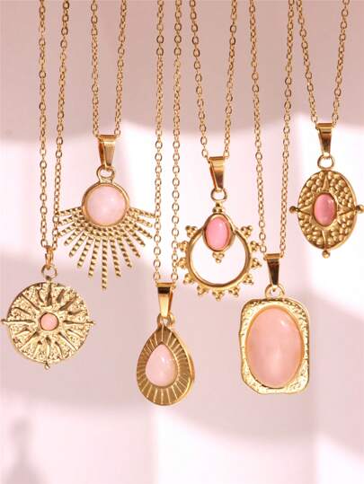 1pc Sweet Pink Stone Geometric Pendant Necklace Water Drop Sun Charm Chunky Gold-Plated Elegant Jewelry For Women Girls New