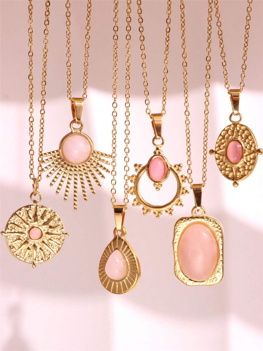 1 pieza Collar colgante de piedra rosa dulce con colgante geométrico y gota de agua - Joyería elegante chapada en oro para mujeres y niñas, nueva - Multicolor - Ver 1