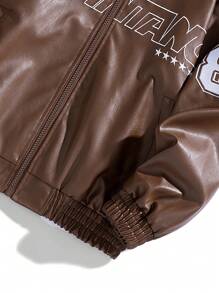 Chaqueta de cuero de motocicleta con bordado de PU para hombre, para otoño e invierno - Café integral - Ver 5