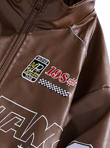 Chaqueta de cuero de motocicleta con bordado de PU para hombre, para otoño e invierno - Café integral - Ver 4