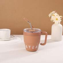 1 pieza Taza de café portátil de 16oz/480ml con asa y pajita, taza de café de doble capa aislada al vacío de acero inoxidable para uso en campamentos al aire libre, hogar y oficina