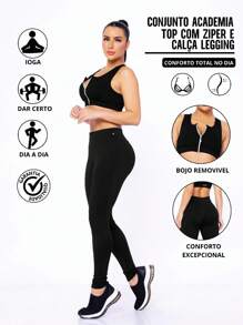 Gym Set Top With Zipper And Cup And Leggings Feel Comfortable On Your Day At The Gym - 黑色 - 查看 1