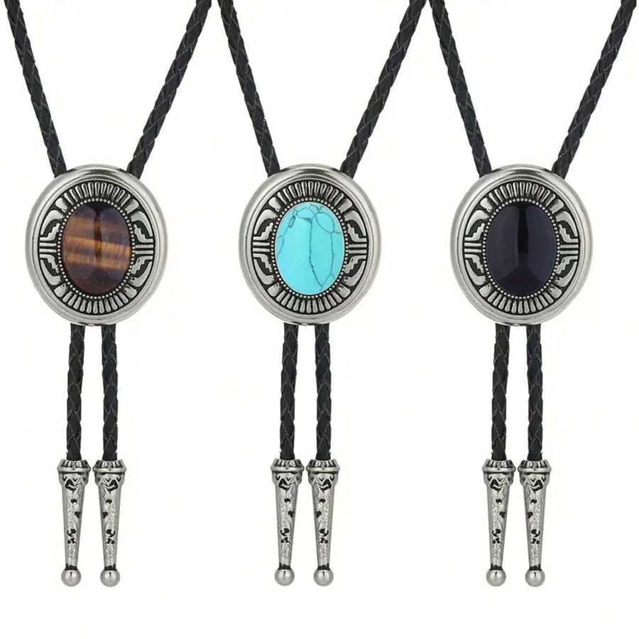 1pc Adjustable Navajo Style Gemstone Bolo Tie Necklace, Western Cowboy Bolo Tie Shirt Collar Accessory For Men And Women, Casual Party Wedding Best Gift - Gem - View 1