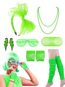 7/10pcs 80s Party Costume Accessories, 1980s Neon Color Dress Party Set, Women Neon Venetian Blinds Sunglasses Necklace Belt Leg Warmers Headband For Party, Dance - Multicolor - View 8