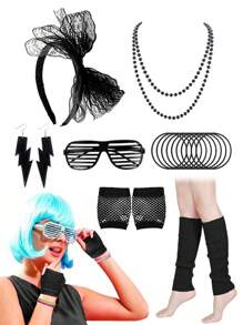 7/10pcs 80s Party Costume Accessories, 1980s Neon Color Dress Party Set, Women Neon Venetian Blinds Sunglasses Necklace Belt Leg Warmers Headband For Party, Dance - Multicolor - View 6