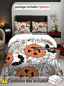 3pcs Halloween Duvet Cover, Pumpkin Bat Pattern Happy Halloween Bedding Set For Bedroom And School Dorm Room (1*Duvet Cover + 2*Pillowcase, Without Core)