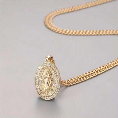 1pc Fashionable Stainless Steel Gold-Color Chain Pendant Necklace, Cubic Zirconia Embedded, Waterproof, Unisex  Jewelry