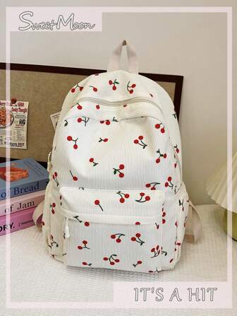 1pc White Corduroy Casual Fresh Style Cherry Print Large Capacity Foldable Lightweight Multi-Pocket Zipper Backpack (No Pendant), Suitable For Teenagers, Middle/High School, College Students, Daily Commute, Outdoor Travel, Gift For Students, Spring Travel Essential