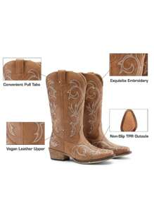 Women's Mid Calf Cowgirl Boots Cowboy Boots Pointed Toe Fashion Slip-On Chunky Heel Embroidery Stitched Western Camel Boots For Festival Party Shoes - Camel - View 7