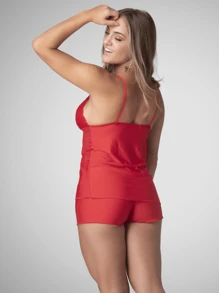 Baby Doll Pajamas Short Sleeping Comfortable Lace Detail Without Pad Microfiber - Rojo - Ver 2