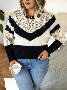 Suéter de punto con cuello redondo, manga larga, con rayas, calado y contraste de color, talla grande