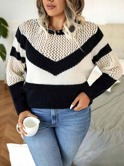 Suéter de punto con cuello redondo, manga larga, con rayas, calado y contraste de color, talla grande
