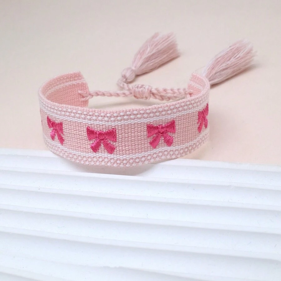 1 件手工刺绣蝴蝶结编织波西米亚风格时尚手链，适合家人、朋友、学生、节日礼物、派对、旅行、日常佩戴情人节、妈妈、母亲、母亲节、礼物 - 淺粉色 - 查看 1