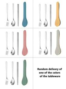 3pcs Stainless Steel Cutlery Set & 1pc Random Color Storage Box,Kitchen,Christmas Gift,School Supplies
