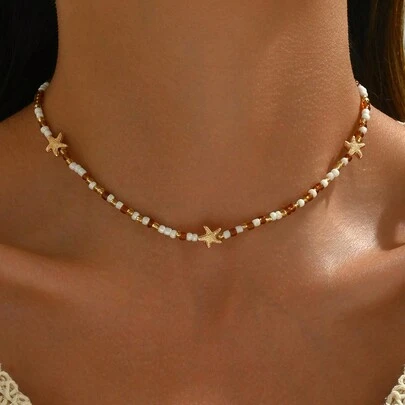 1 buc. Colier cu stele de mare cu margele aleatorii lucrat manual, bijuterii tematice pe plajă de vară pentru femei, potrivite pentru purtarea zilnică și petrecerea pe plajă