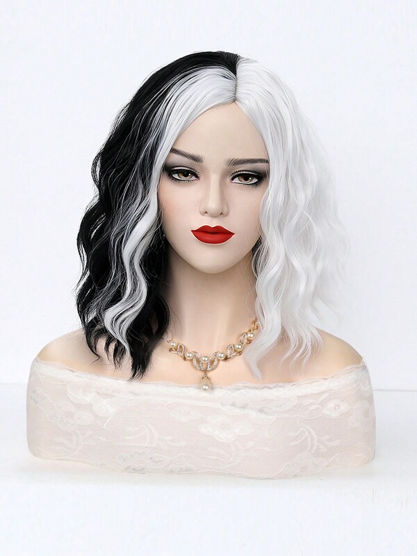 Black And White Color Body Wave Short Hair Hair 14 Inch Synthetic Hair Wig For Cosplay Hollween Party Daily Wear.Suitable For Various Occasions, Including Halloween,Parties, Vacations,For Festival,For Cosplay.