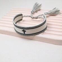 1pc Handmade Embroidered Cross Bohemian Braided Tassel Bracelet - Black and White - View 5