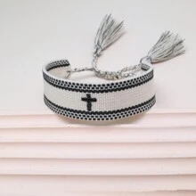 1pc Handmade Embroidered Cross Bohemian Braided Tassel Bracelet - Black and White - View 1