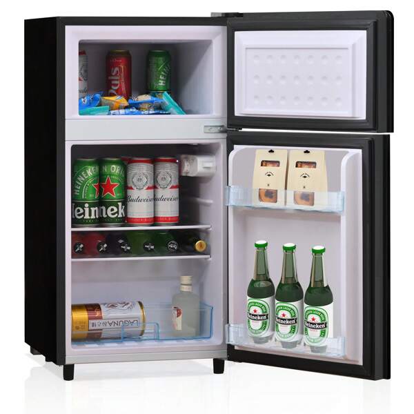 Merax Table Top Kühlschrank Kühl-/Gefrierkombination BCD-100, 86.5 cm hoch, 44.5 cm breit, Mini-Kühlschrank mit LED und verstellbaren Ablage,Tür mit Glasdekor