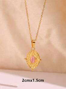 1 pieza Collar colgante de piedra rosa dulce con colgante geométrico y gota de agua - Joyería elegante chapada en oro para mujeres y niñas, nueva - Multicolor - Ver 3