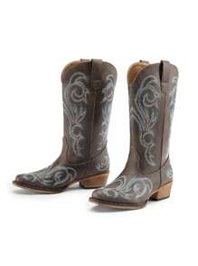 Women's Mid Calf Cowgirl Boots Cowboy Boots Pointed Toe Fashion Slip-On Chunky Heel Embroidery Stitched Western Brown Boots For Festival Party Shoes - 棕色 - 查看 1
