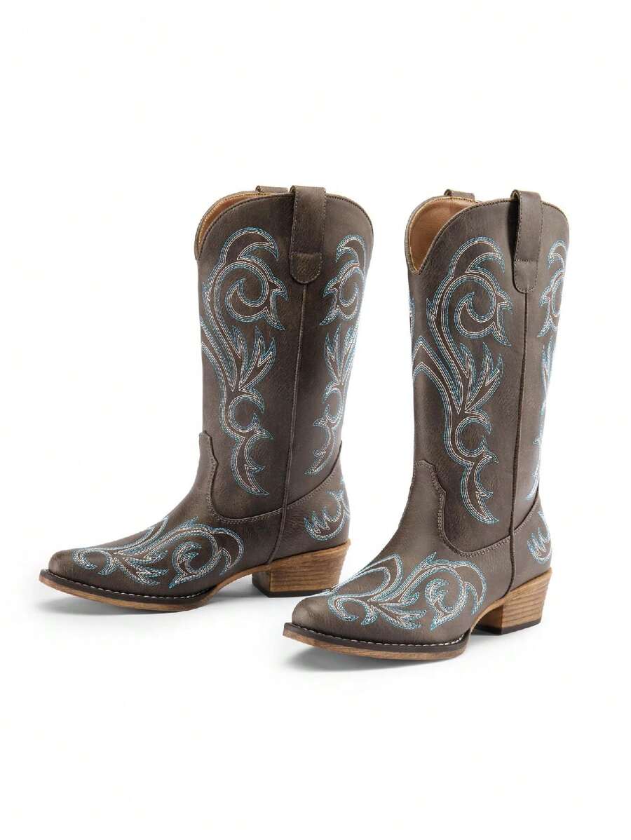 Women's Mid Calf Cowgirl Boots Cowboy Boots Pointed Toe Fashion Slip-On Chunky Heel Embroidery Stitched Western Brown Boots For Festival Party Shoes - 棕色 - 查看 1